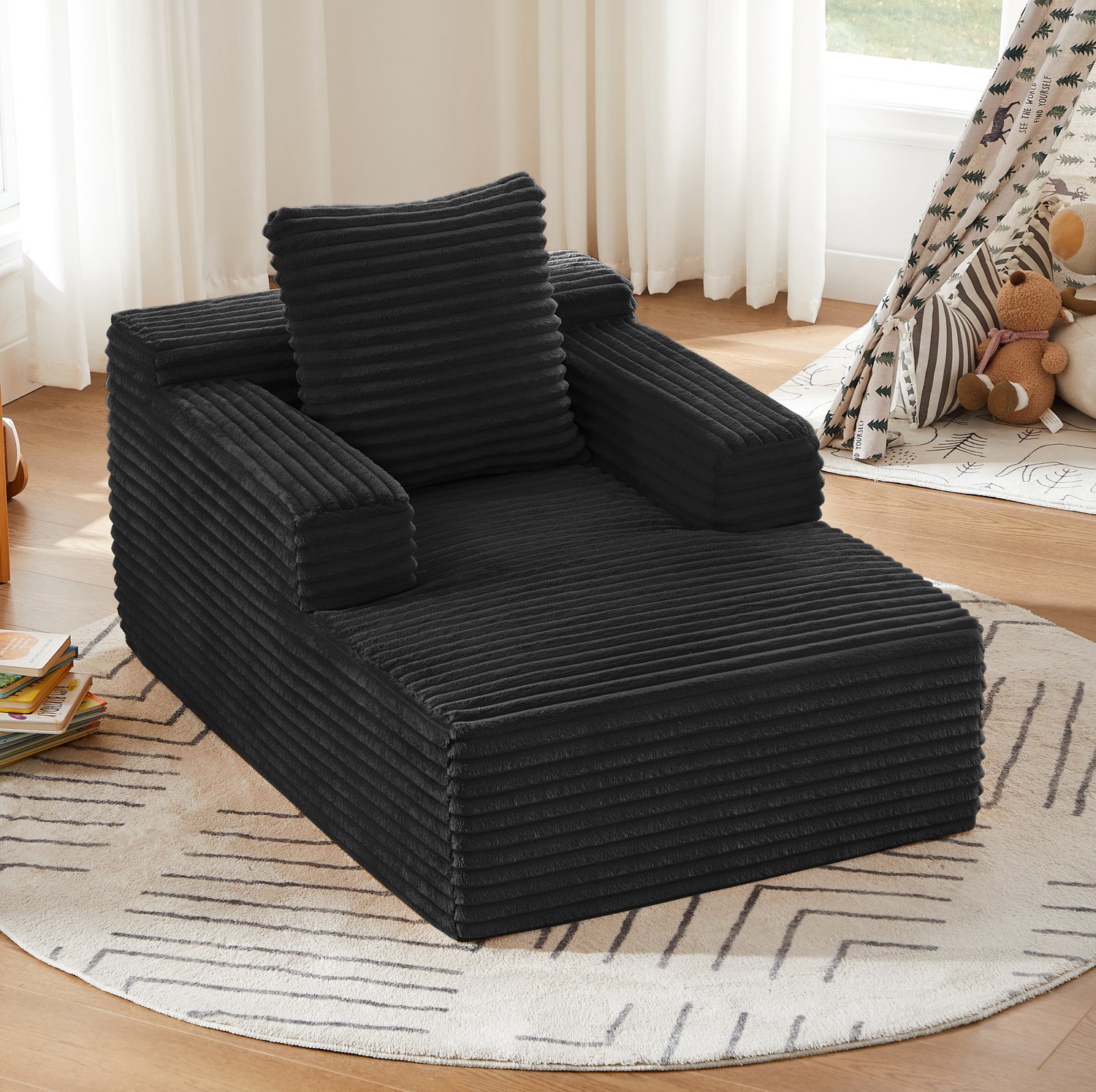 Wishdor Chaise longue - 1-zits loungestoel van ribstof - Zonder montage - Hoge rugleuning en armleuningen - Modern ontwerp - Woonkamer kantoor appartement - Zwart - 117 x 81 x 50 cm