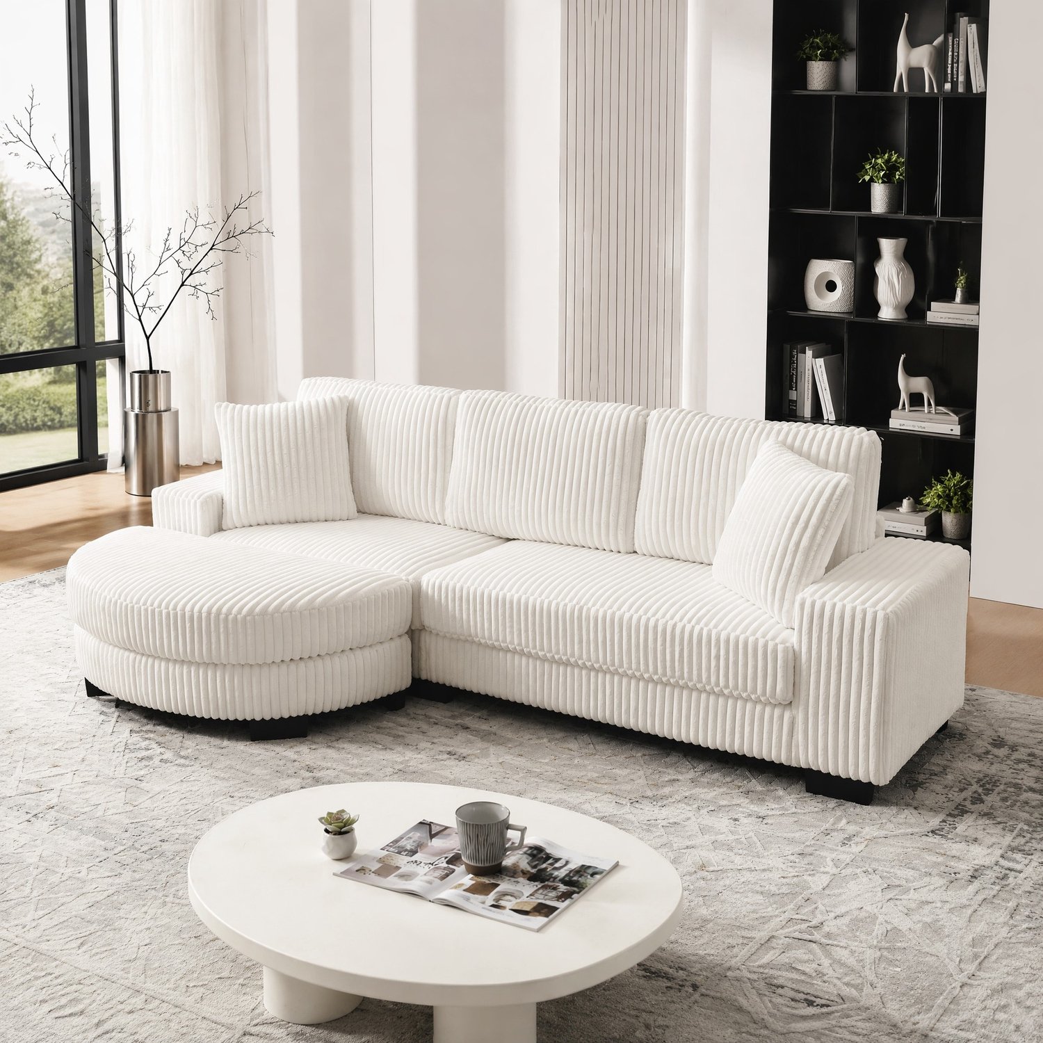Wishdor Hoekbank - L-vormig 4-zits met verwisselbare ovale hocker - Ribfluweel bekleding en 2 kussens - Modern design - Woonkamer appartement kantoor - Beige - 256,5 x 133,5 x 89 cm
