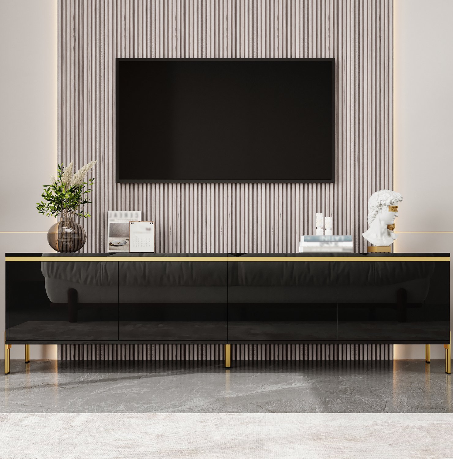 Maisentiel TV-meubel 170 cm met 4 deuren en kabeldoorvoer, spaanplaat, zwart deels hoogglans