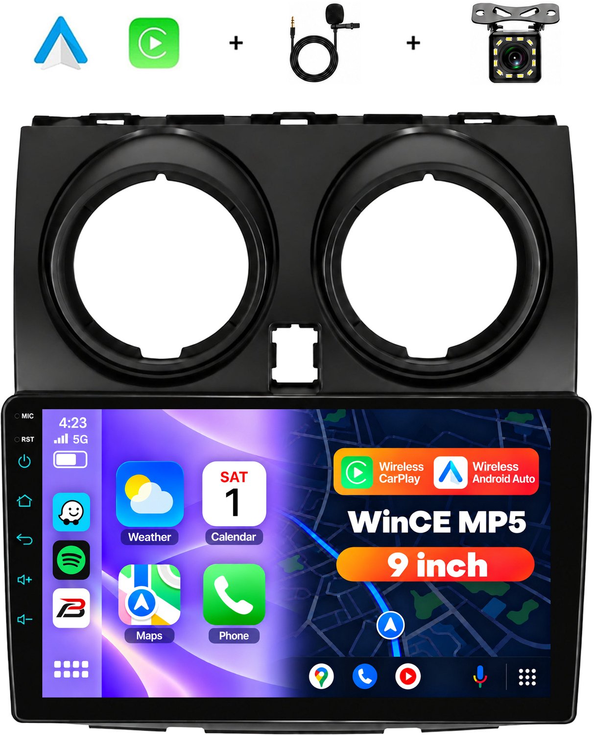 Boscer 2 Din Autoradio met Draadloos Apple CarPlay & Android Auto - Geschikt voor Nissan Qashqai (2006-2016) met laag uitrustingsniveau - 9 Inch IPS Scherm - Bluetooth, Handsfree Bellen & FM Radio - Achteruitrijcamera & Microfoon