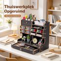 Houten bureau-organizer met tekst "Thuiswerkplek Opgeruimd" en "Alles binnen handbereik".