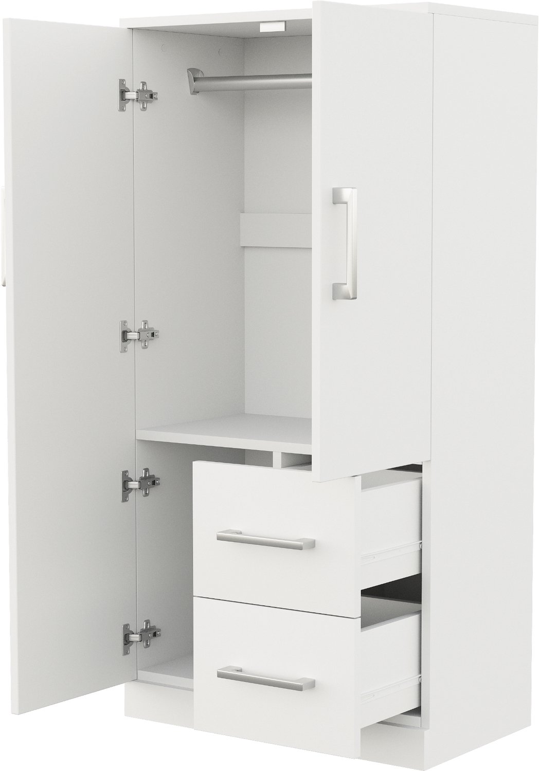 Kledingkast Met Twee Draaideuren - 70 x 40 x 135 cm - Twee Lades En Groot Opbergvak - Wit - Grenen, Multiplex En MDF - Voor Kinderkamer