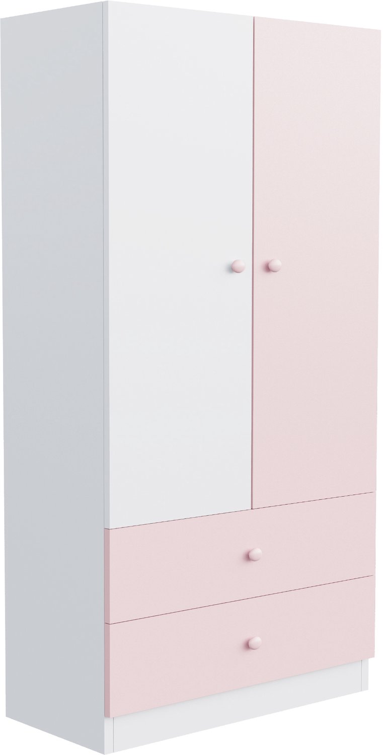 Kledingkast Met Twee Laden - 70 x 40 x 170 cm - Draaideuren En Hanggedeelte - Roze En Wit Multiplex En MDF - Voor Slaapkamer Of Kleedkamer