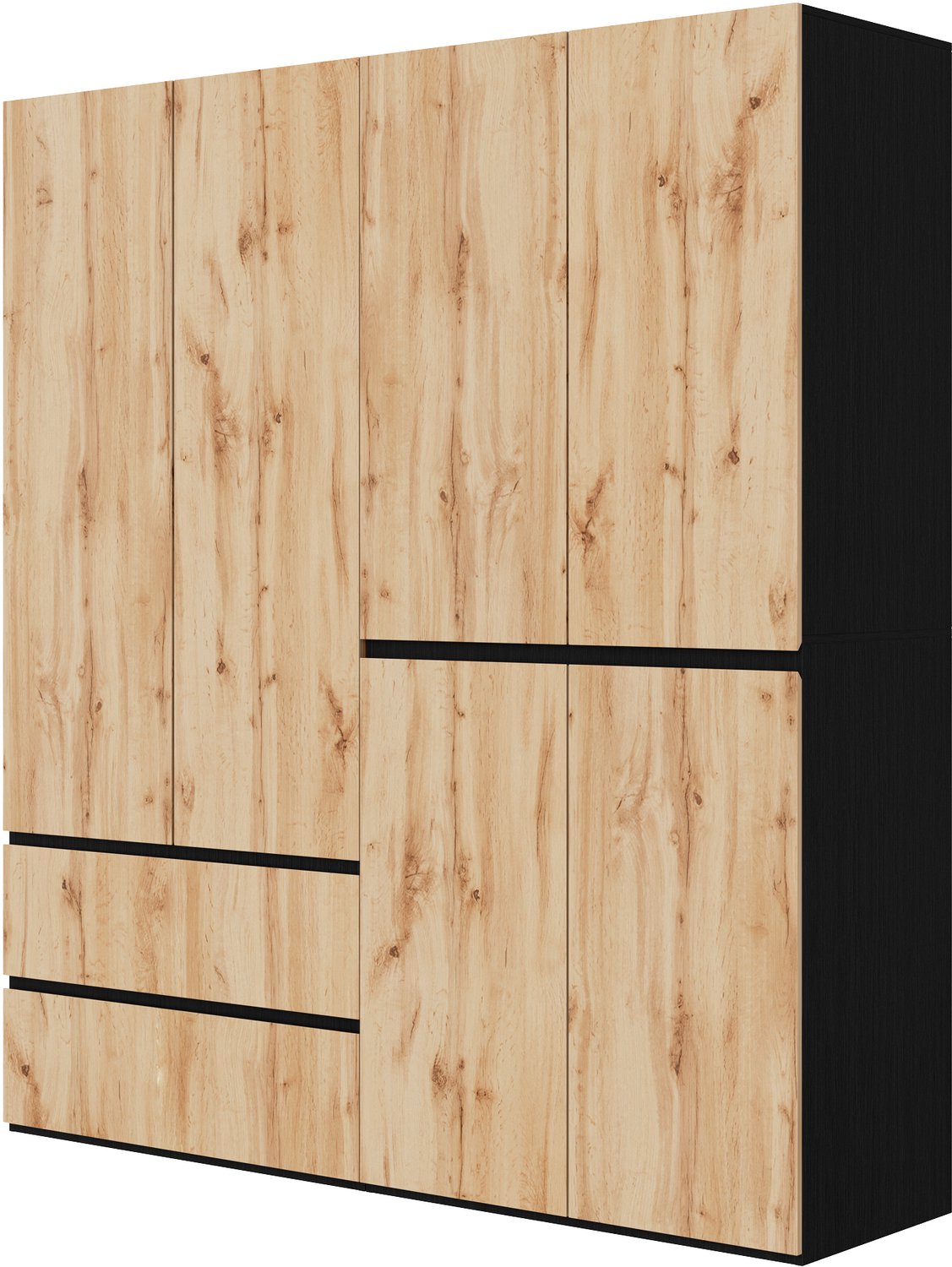 Kledingkast Met 6 Draaideuren - 180 x 50 x 200 cm - 2 Kledingroedes En 5 Lades - Bovenste Opbergvakken - Eikenlook Met Zwarte Accenten