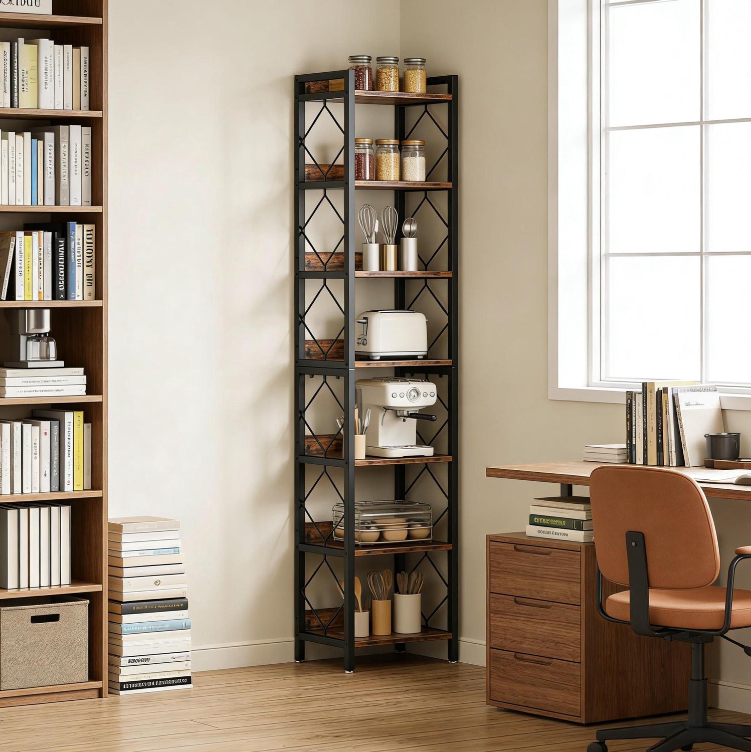 WUVRIE Open boekenkast 34x34x200 cm - 7 planken en metalen frame - Zwart/rustiek bruin