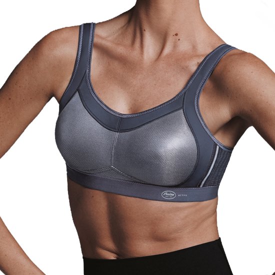 Antracietgrijze Anita Active sportbeha zonder beugel met voorgevormde meshcups en brede schouderbanden.