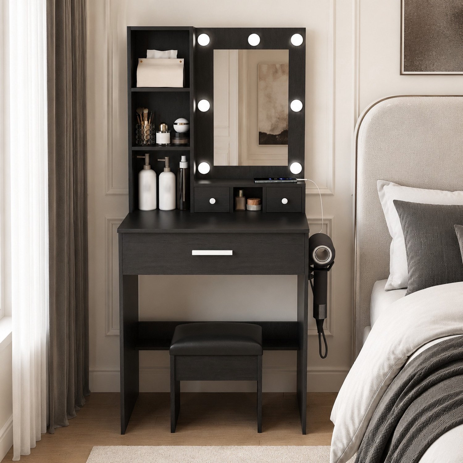 CHICFURN Kaptafel - LED-spiegel - 3 lades en open vak - Zwart