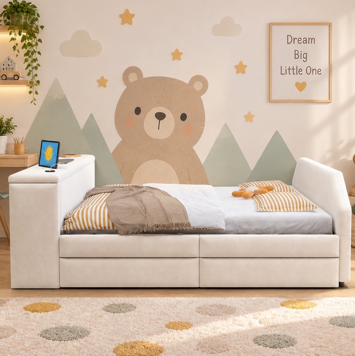 DESMIU Kinderbed 140x200 cm – Gestoffeerd Met Bureau En USB-Laadpoort – Uittrekbaar Logeerbed – Zonder Matras – Beige