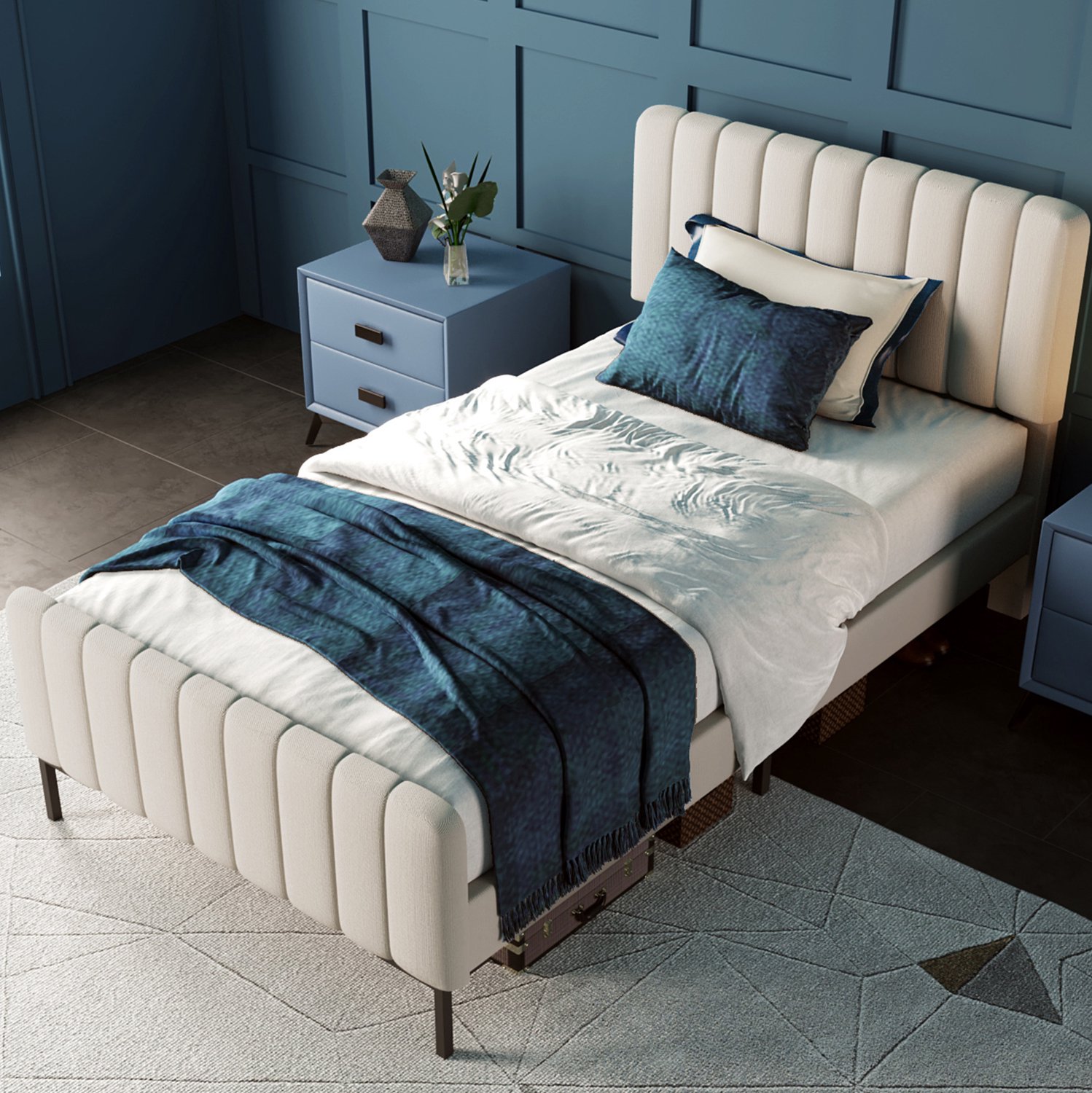 DESMIU Gestoffeerd Bed 90x190 cm – Verstelbaar Hoofdbord En Lattenbodem – Voor Slaapkamer – Linnen Met Metalen Poten – Grijsbeige – Zonder Matras