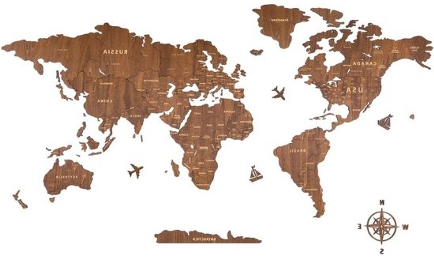 Houten wereldkaart - Wanddecoratie - Voor de woonkamer - Gegraveerde landen en grenzen - 150x85 CM - Walnootkleur