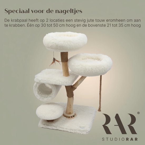 Houten krabpaal met twee jute krabgebieden voor nagelonderhoud en zachte off-white bekleding.