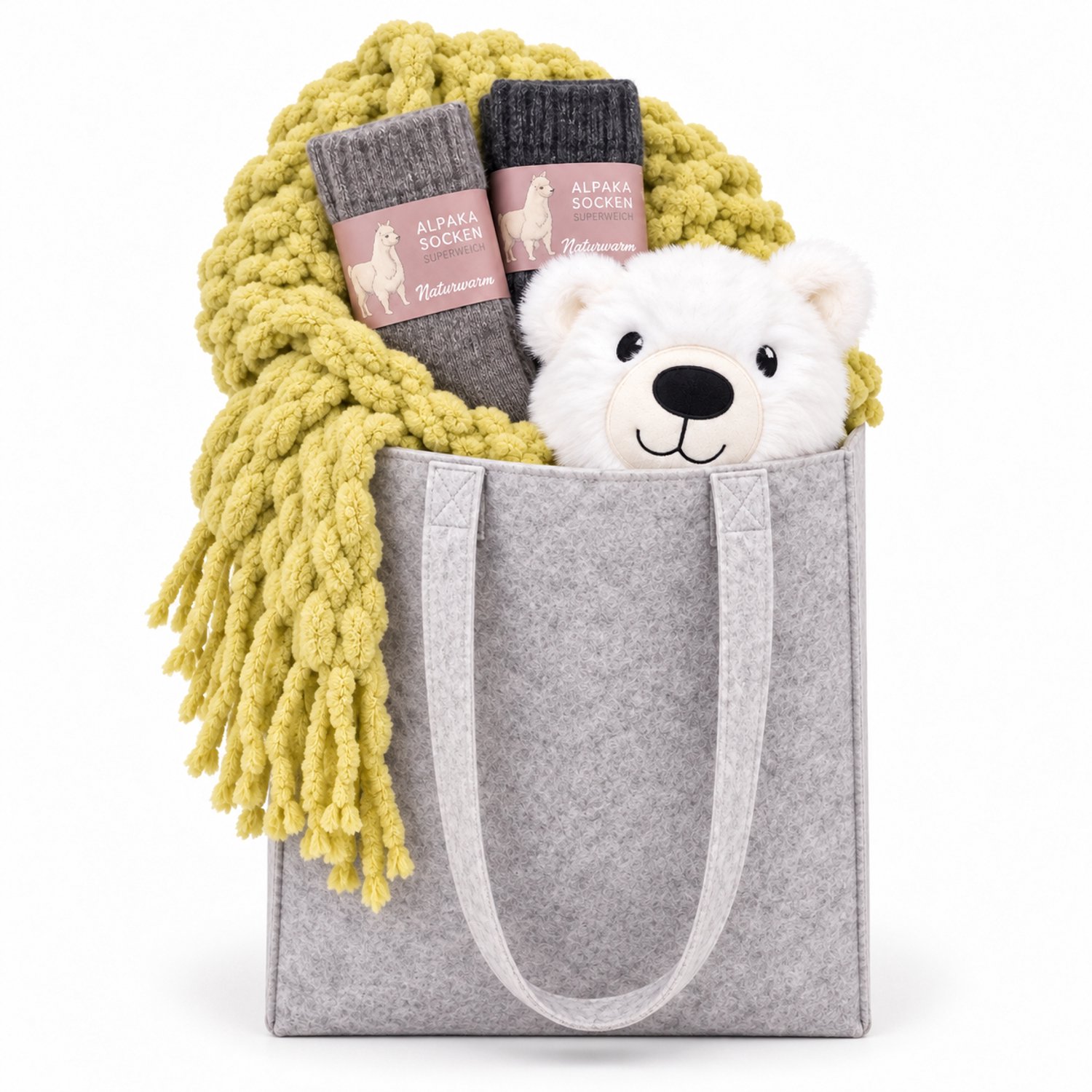 Geschenkset dames - sjaal - alpaca sokken 2 paar - warmtekussen in een vilten tas