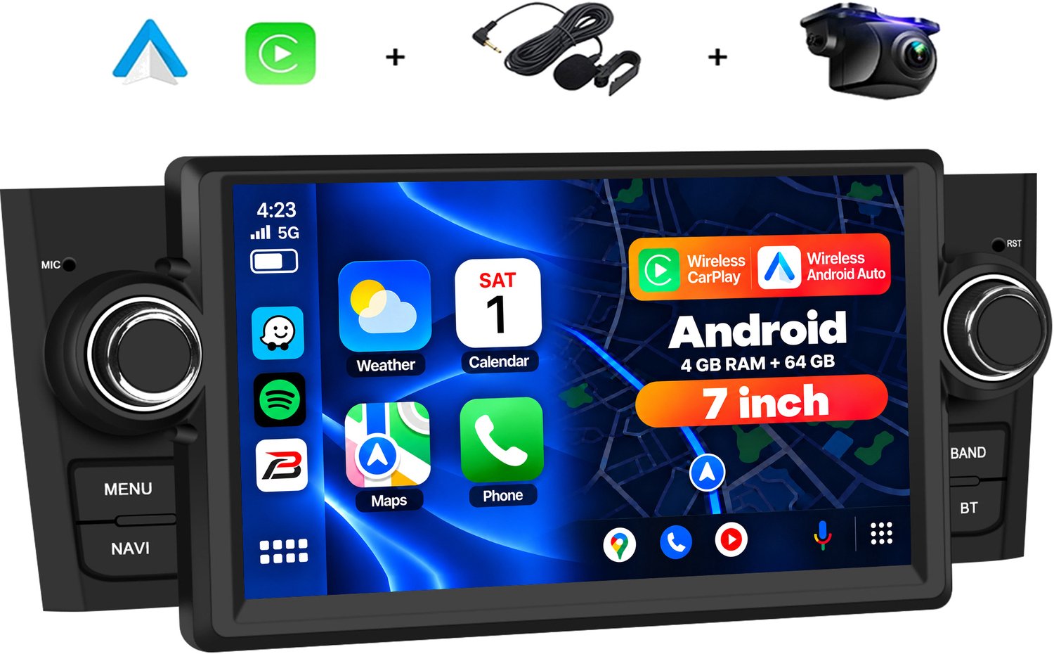 Boscer Autoradio - Geschikt voor Fiat Punto 2005-2009 & Linea 2007-2011 - Apple Carplay & Android Auto - 4+64GB - Android 15 - 7 Inch HD IPS Touchscreen - GPS Navigatiesysteem - Bluetooth, USB, WiFi & MP5 - Achteruitrijcamera & Microfoon