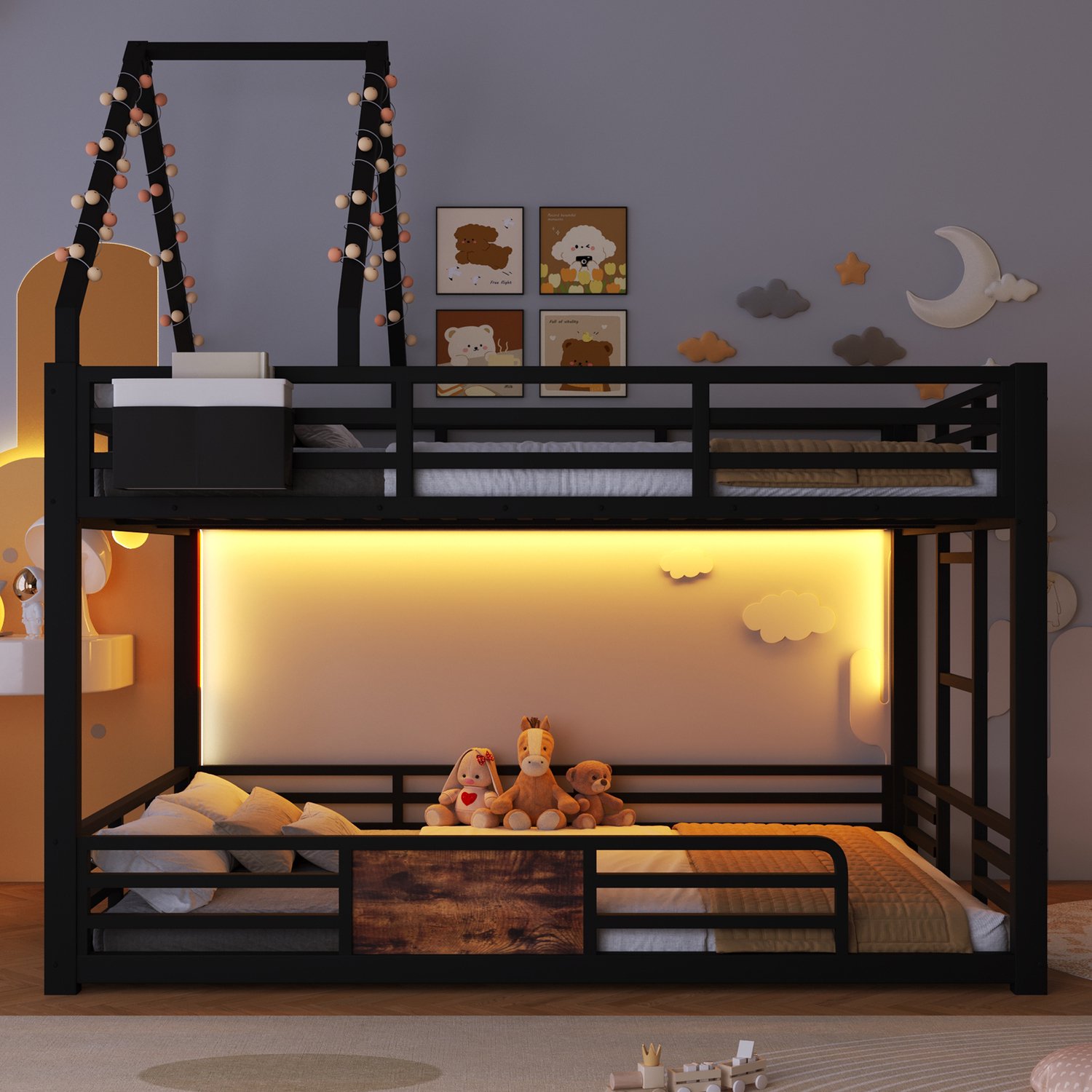 Zubaliya 140x200 cm Stapelbed van metaal met LED-verlichting, Kinderbed, Tweepersoonsbed, huisbed-ontwerp, DIY-dakframe, stoffenzak-opbergruimte & veiligheidsleuning, Zwart