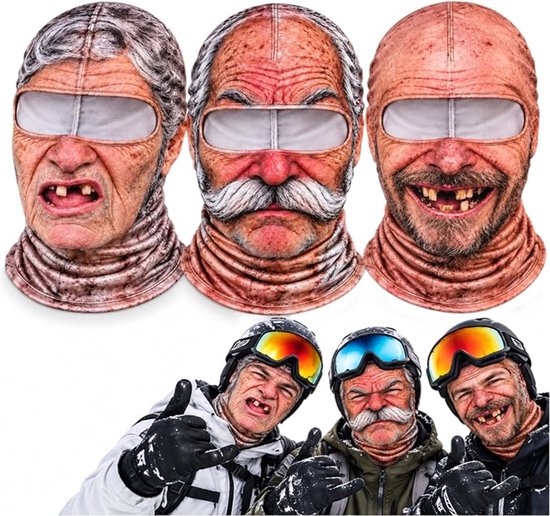 Bivakmuts - 3 Grappige Balaclava Maskers met 3D Print - Warm, Ademend en Opvallend voor - Bivak Muts Nekwarmer - Gezichtsmasker - Helm Cap - Grappige Skimaskers met Oud Man & Vrouw Gezicht - One Size - Outdoor - Wintersport, Raves en Halloween