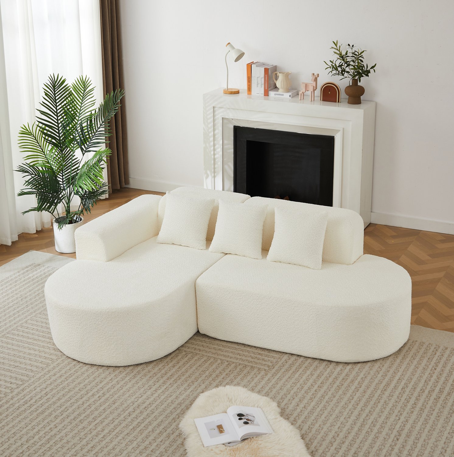 Wishdor Hoekbank met chaise links - Driezitsbank met 3 rugkussens - Rond organisch design - Wabi-sabi stijl - Woonkamer zithoek - Chenille stof - Beige - 222 x 157 x 73 cm