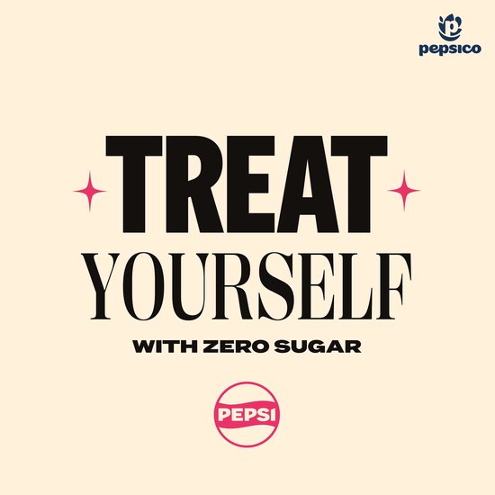 Promotietekst "Treat Yourself With Zero Sugar" met het Pepsi-logo op een licht crèmekleurige achtergrond.