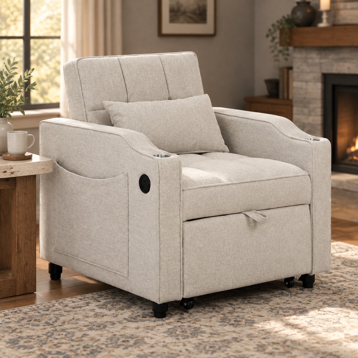 WUVRIE 3-in-1 slaapfauteuil 190 cm - Verstelbare rugleuning, USB en Type-C - Beige