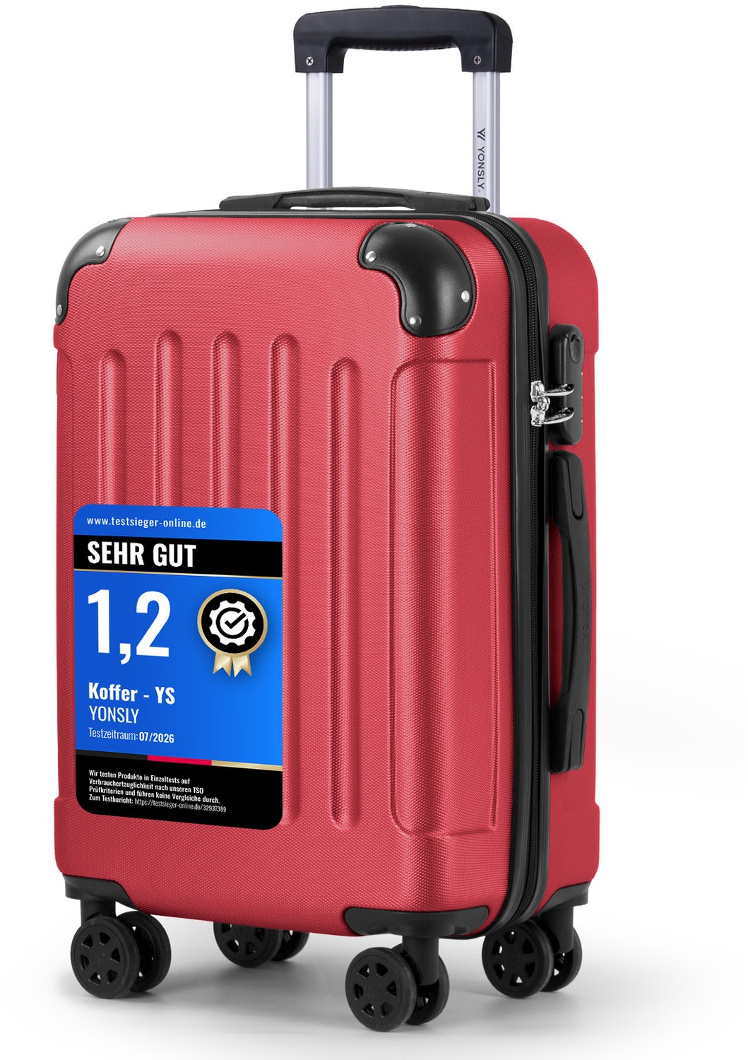 YONSLY Handbagage Koffer - 55cm - 40 L - Cijferslot- 360° Draaibare Wielen - Rood