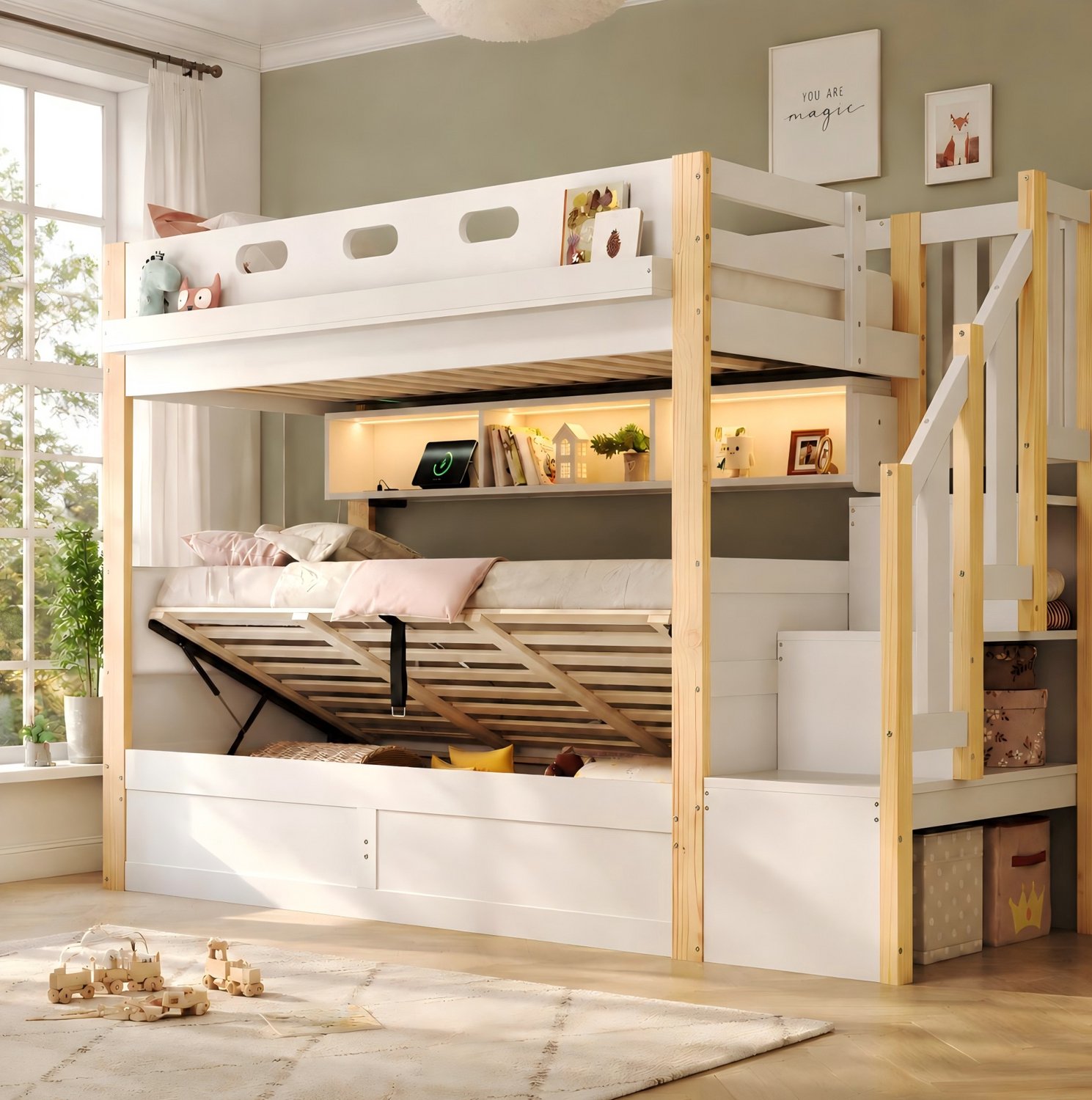 Wishdor Stapelbed 90 x 200 cm - Hydraulische opbergruimte - Opbergtrap - LED-lichtstrip met appbediening - USB, type C en stopcontact - Kinderkamer - Hout, MDF en kunstleer - Wit - 257 x 103,5 x 160 cm