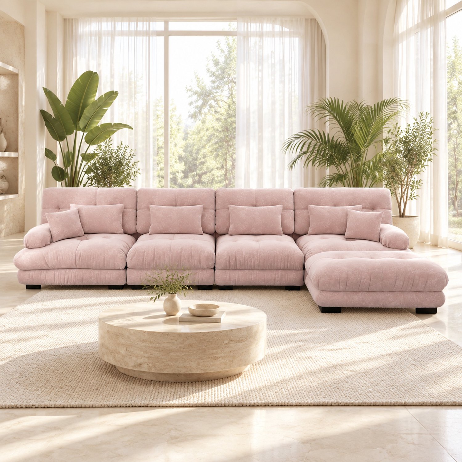 WUVRIE Modulaire hoekbank 406x145 cm - 4-zits met verplaatsbare ottoman - Roze chenille