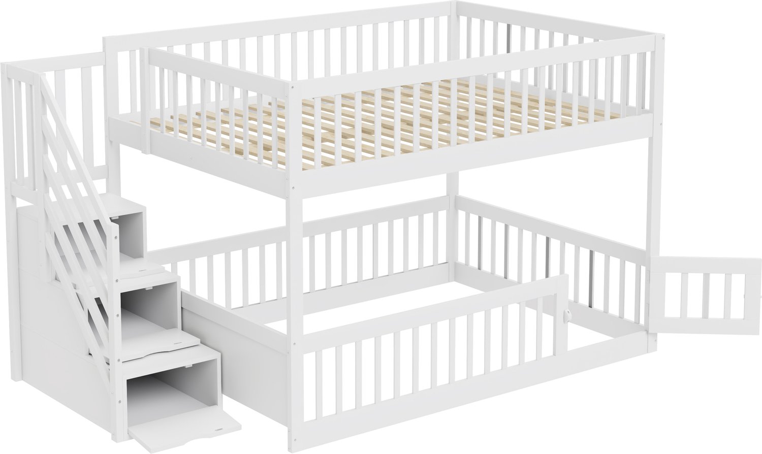 Stapelbed 140 x 200 cm - Met Veiligheidstrap En Opbergladen - Massief Hout, Multiplex En MDF - Wit Kinderbed Met Deur En Speelruimte Onderaan
