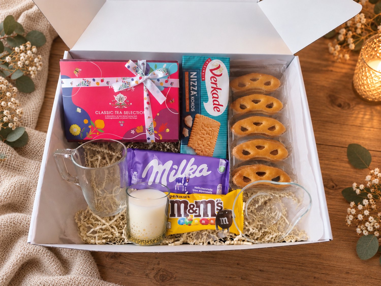 Cadeaupakket vrouw – Theepakket cadeau met theeglas, geurkaars & lekkernijen – Verwenbox voor haar – 8 delig