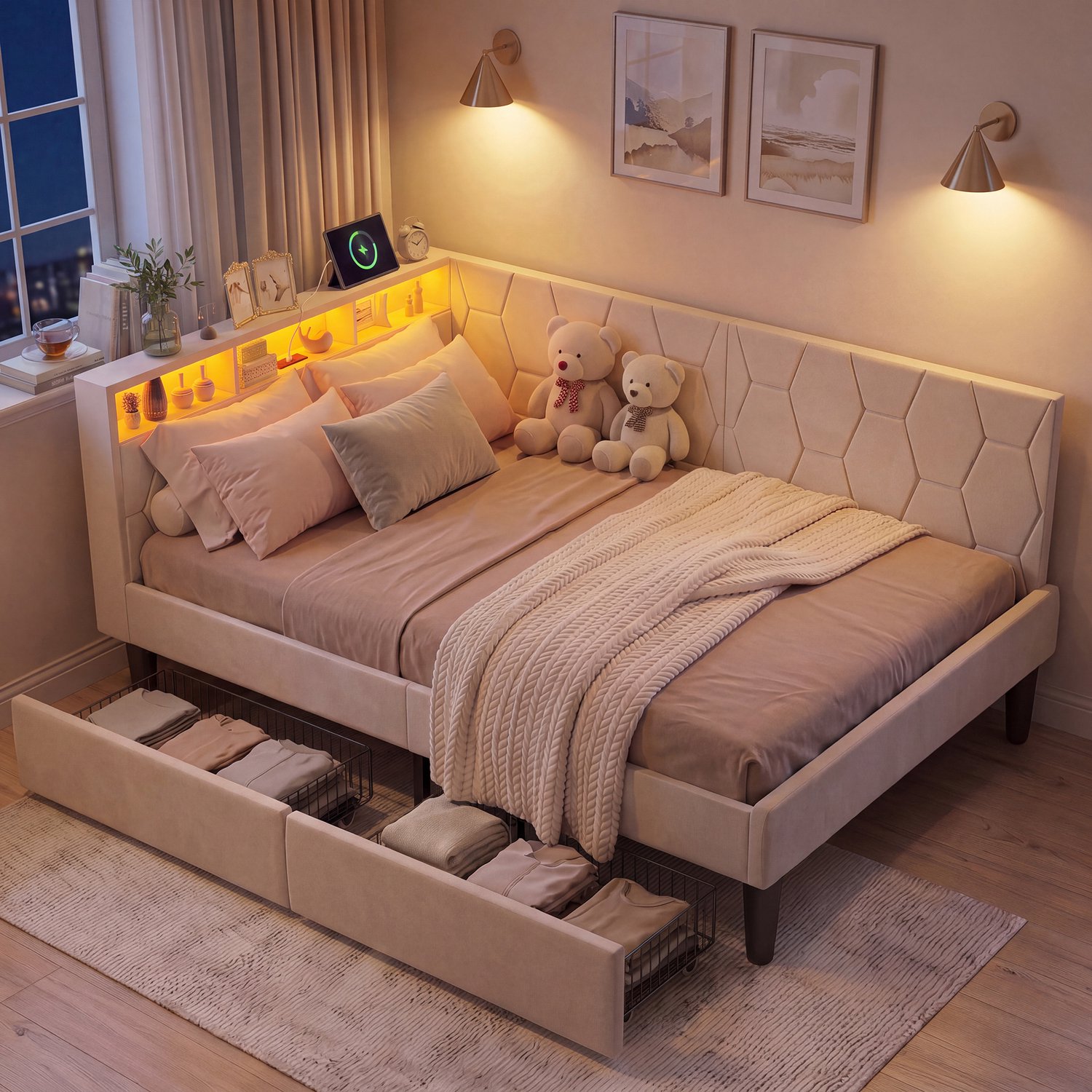 ROSAHQNDA Gestoffeerd bed 140 x 200 cm met 2 lades, ledverlichting en USB-oplaadfunctie, kinderbed, opbergbed met lattenbodem, fluweel, zonder matras (beige 140 x 200 cm)