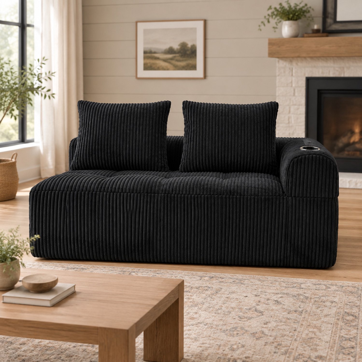 WUVRIE 2-zitsbank 158x93x61 cm - Ribfluweel met opbergvakken en bekerhouder - Zwart