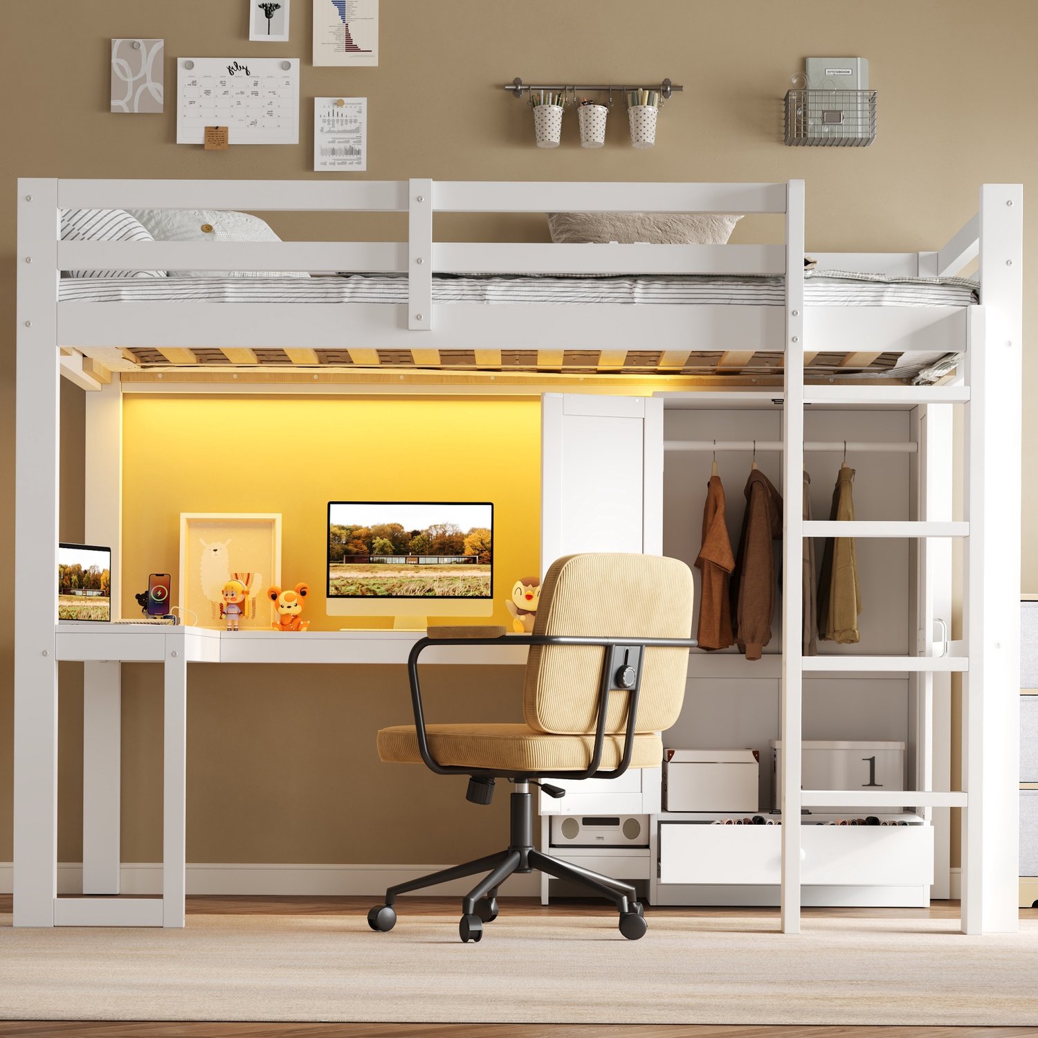 Sweiko Hoogslaper - 90 x 200 cm - Met bureau - Opbergplanken - Kledingkast - USB-aansluiting - LED-verlichting - Wit