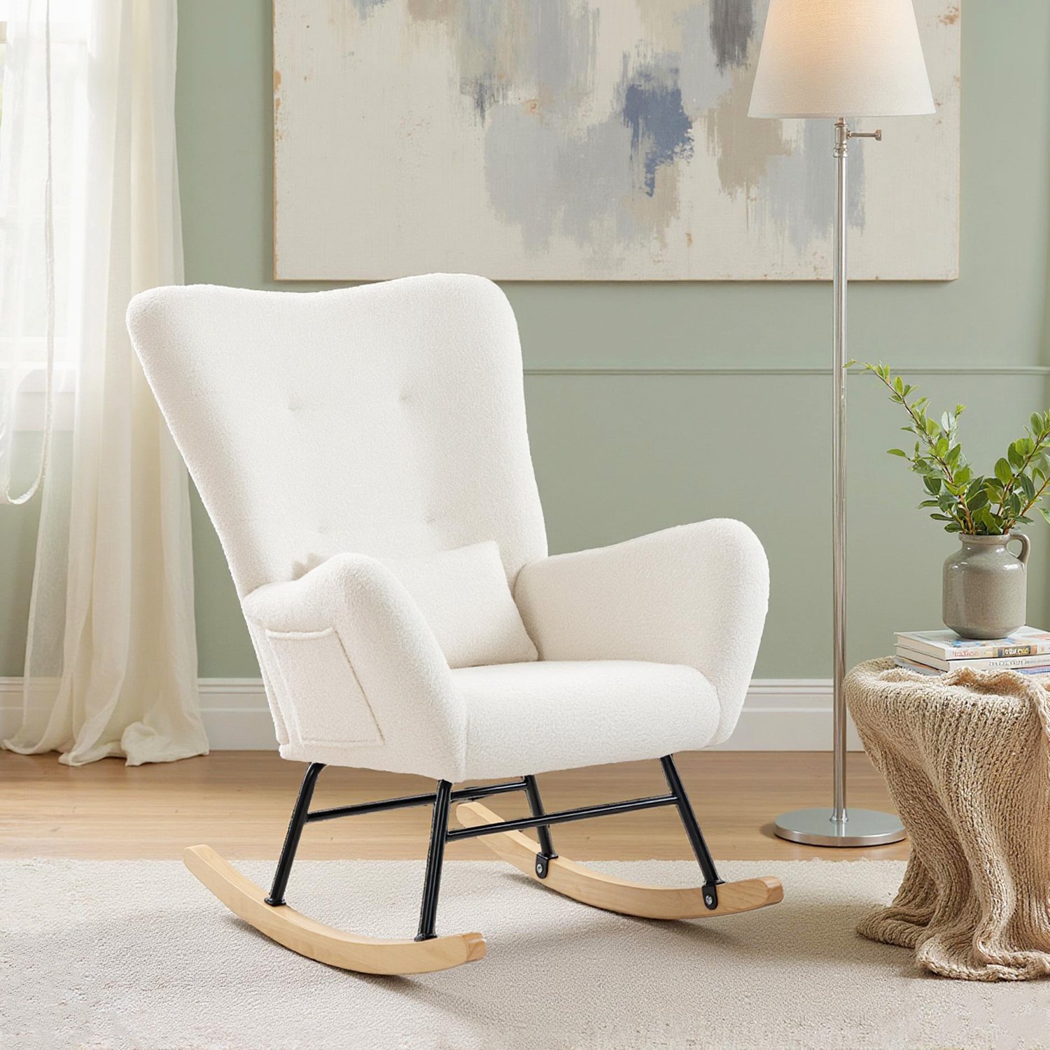 MUVANO Fauteuil à Bascule - Chaise d'Appoint en Peluche - Confort d'Assise en Mousse - Poche Latérale Pratique - 67x82x100 cm - Balancement Fluide - Intérieur Crème