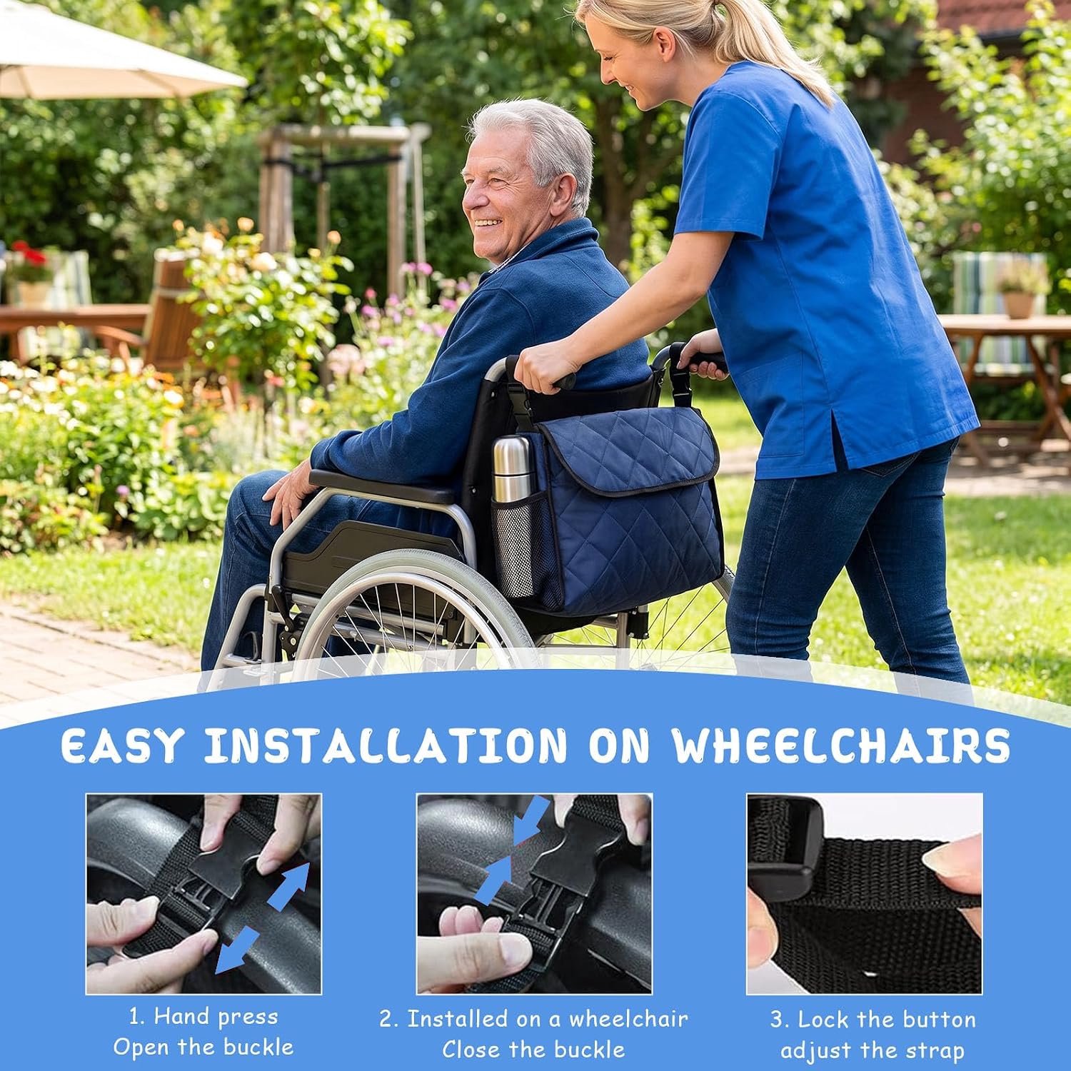 KZQ Rolstoeltas – Tas voor achterop de rolstoel – Waterdichte opbergtas met grote capaciteit – Met verstelbare schouderriem – 39 x 28 cm – Geschikt voor rollators en rolstoelen – Blauw
