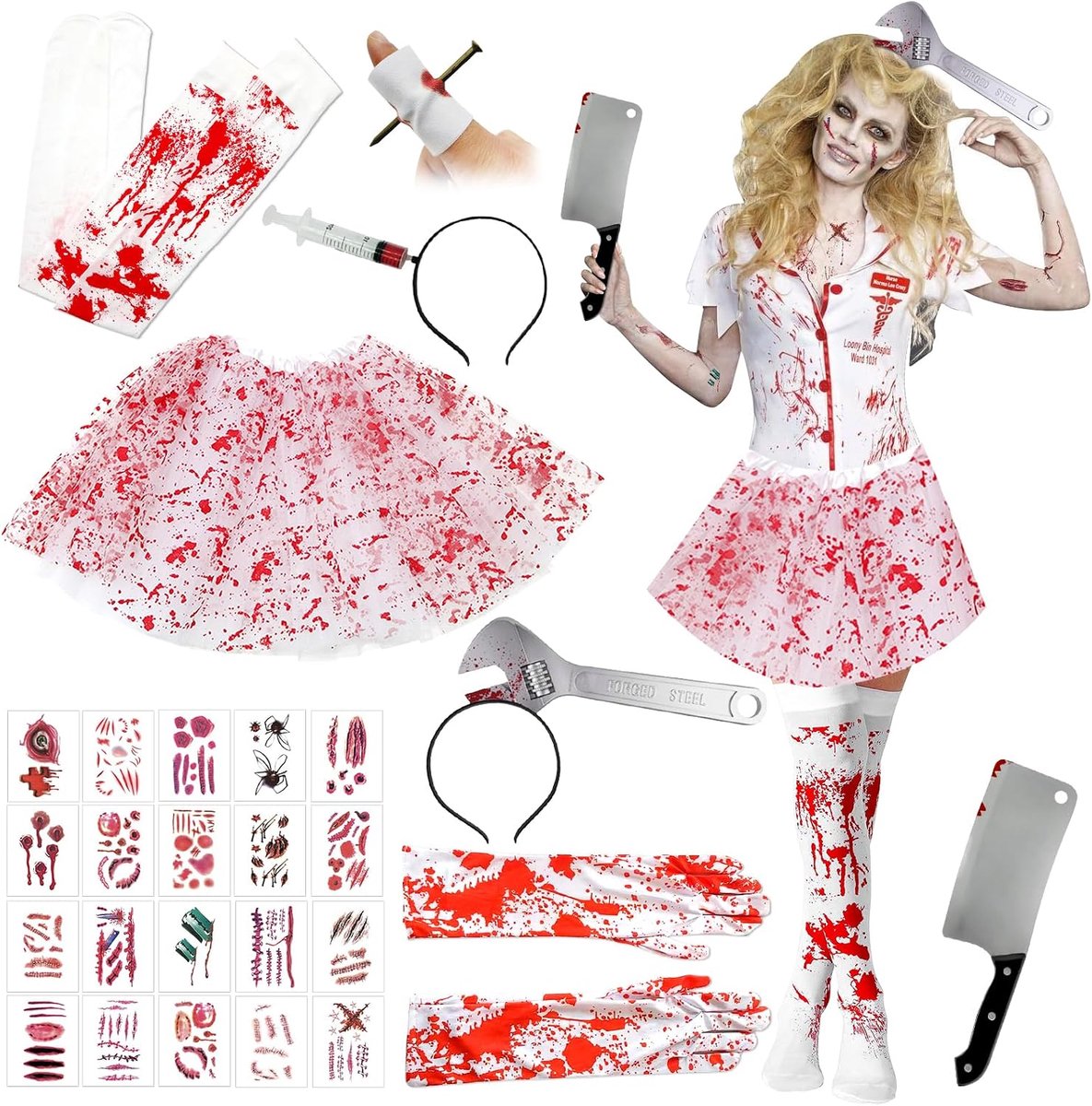 Verpleegsterkostuum - Dames Horror Zombieset met bloed effecten voor Halloween
