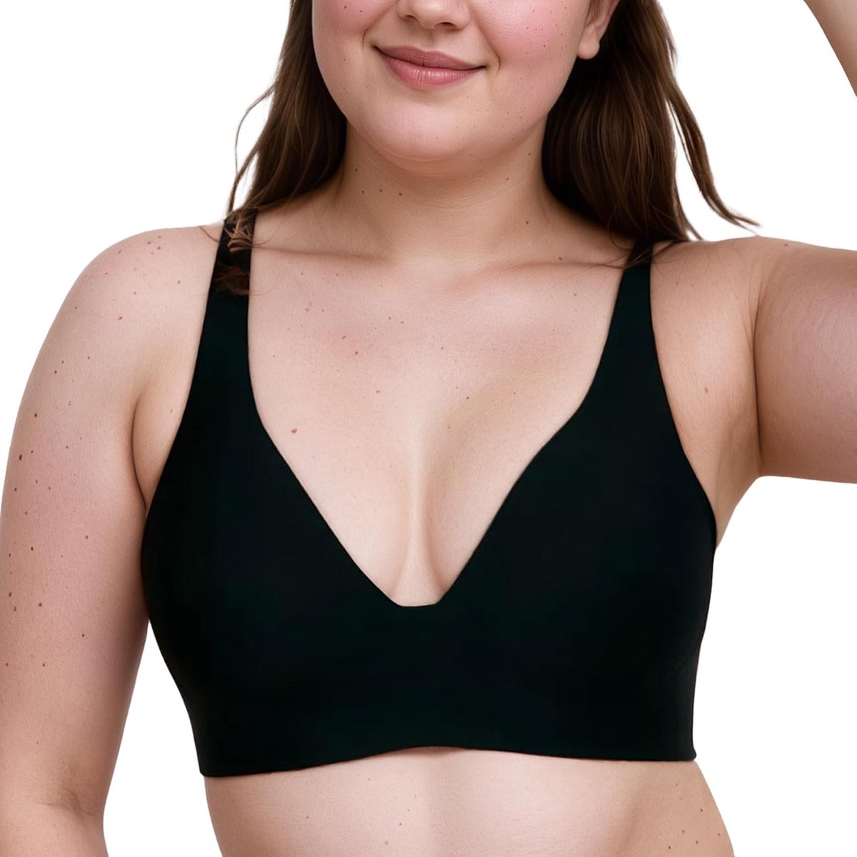 Beha voor dames, zwart, diepe V-hals en lichte ondersteuning, naadloze T-shirt-beha, comfortabele slaapbeha met zachte bekleding