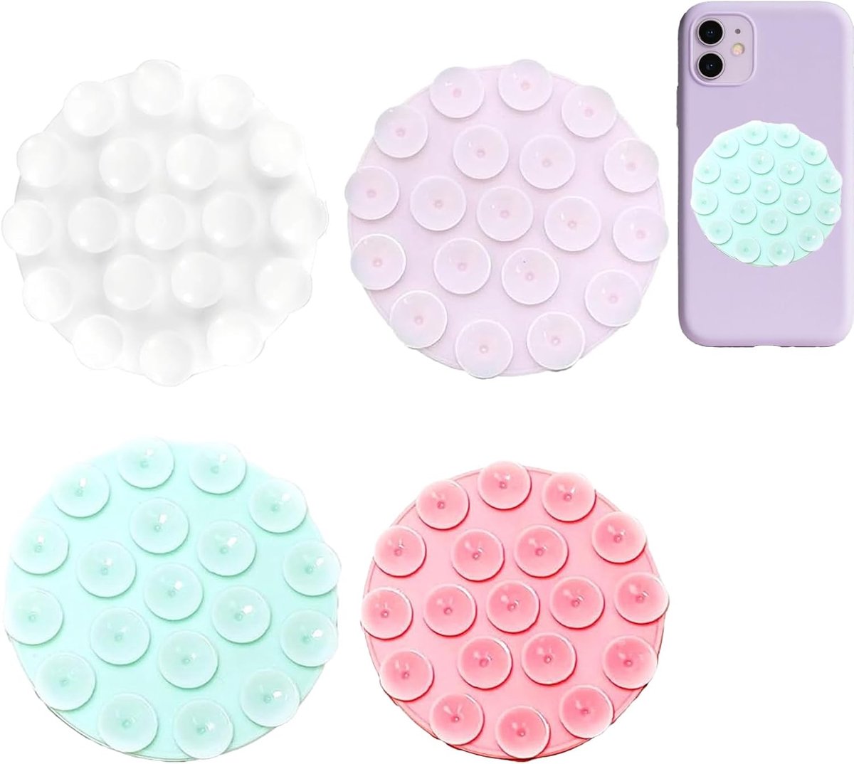 4 stuks 28 zuignappen siliconen telefoon kleverige grip, ronde zuignap case mount voor alle telefoons, handsfree sterke grip houder voor selfies en video's (wit roze)