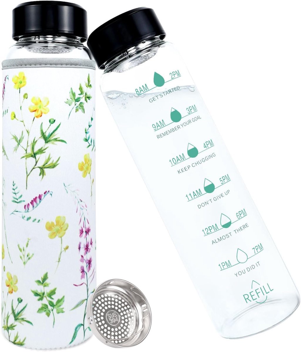 Fles 1 liter met tijdsaanduiding, 1000 ml drinkfles glazen waterfles met beschermhoes & roestvrijstalen zeef, bevat geen BPA, lekvrije drinkfles glazen fles, geschikt voor sport en fitness
