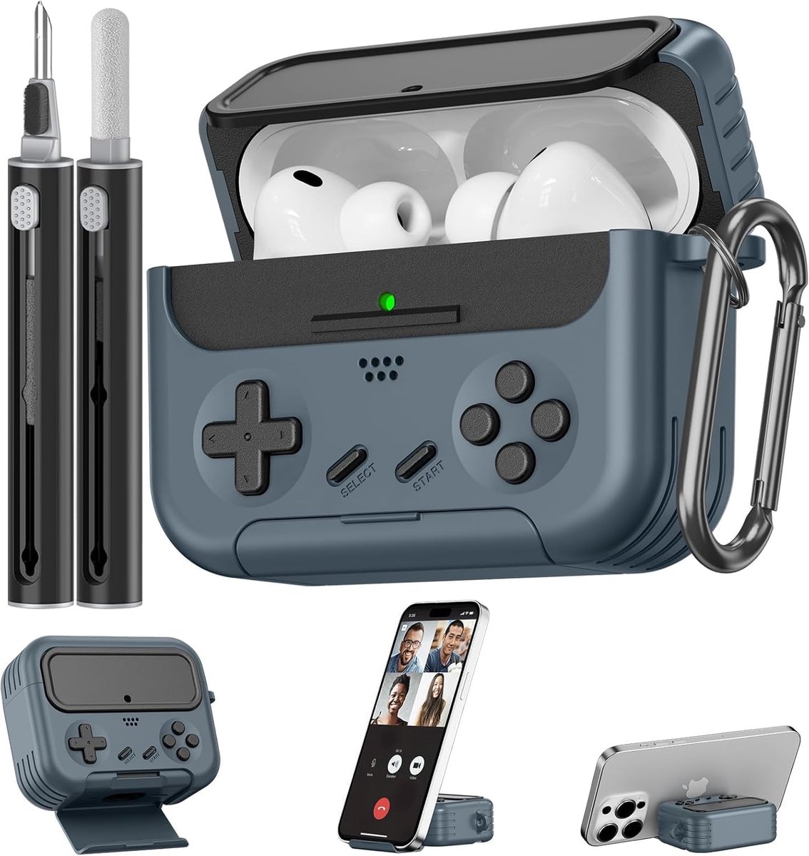 Hoes voor AirPods Pro 3 met telefoonhouder design en reinigingsset, compatibel met Apple Air Pod Pro 3 (2025), klassiek cool grappig gameconsole-design, stevige TPU-hoes (zwart)
