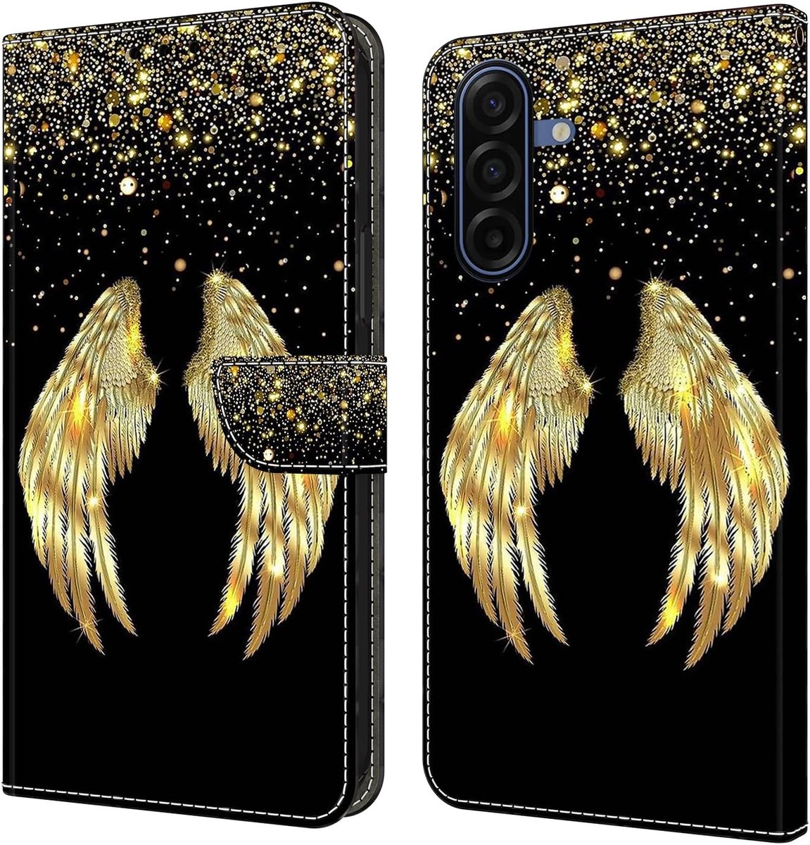 Hoes voor mobiele telefoon, compatibel met Samsung Galaxy A57 5G, hoes van PU-leer, klaphoes met standaard en kaartenvakjes, beschermhoes, portefeuille, case, cover, gouden vleugels