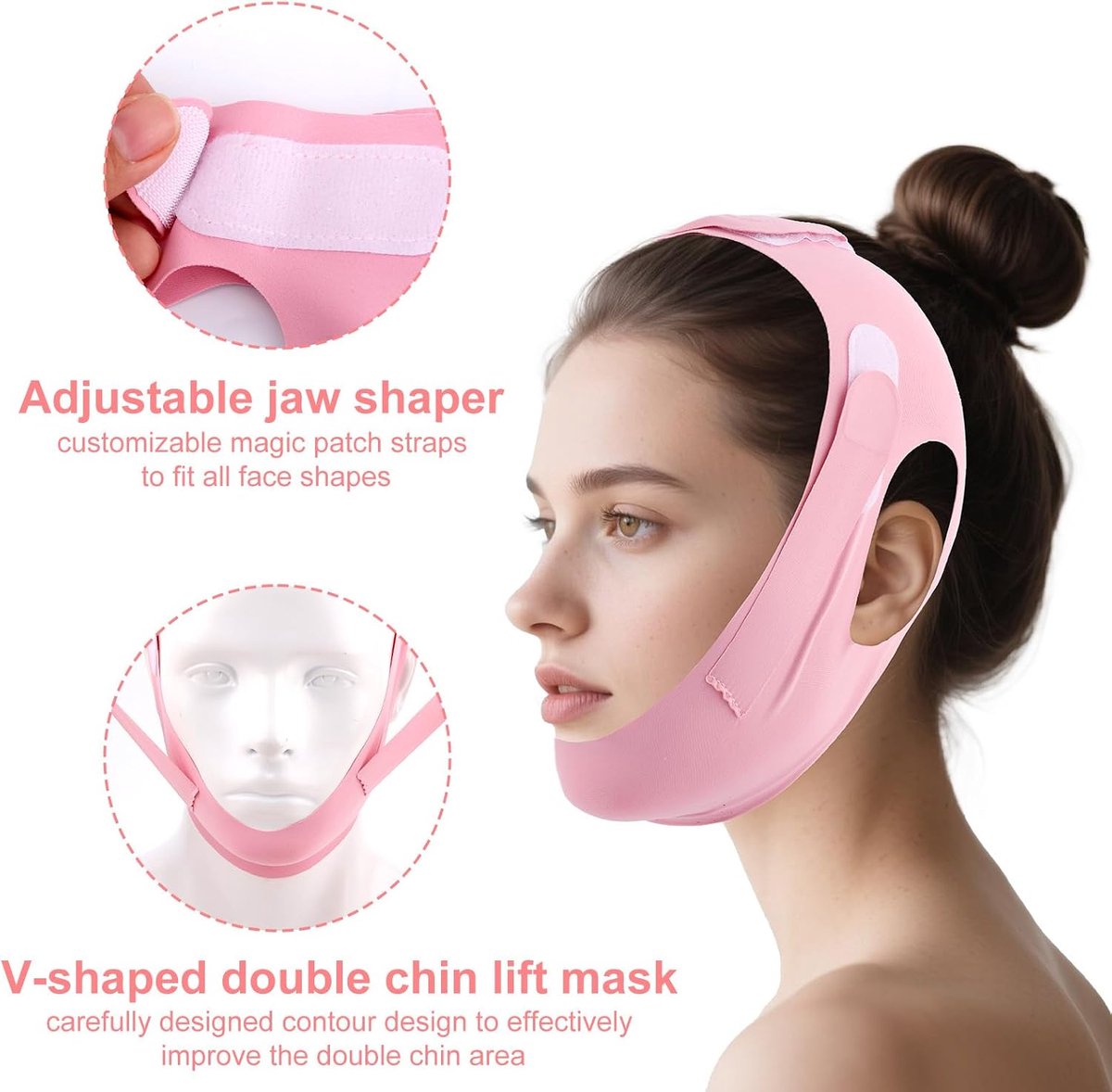 Lasuroa Kinband voor Tijdens Het Slapen, Ademend & Herbruikbaar Dubbelkin Reducerend Roze V Vormige Liftingmasker & Kaakoefening voor Vrouwen