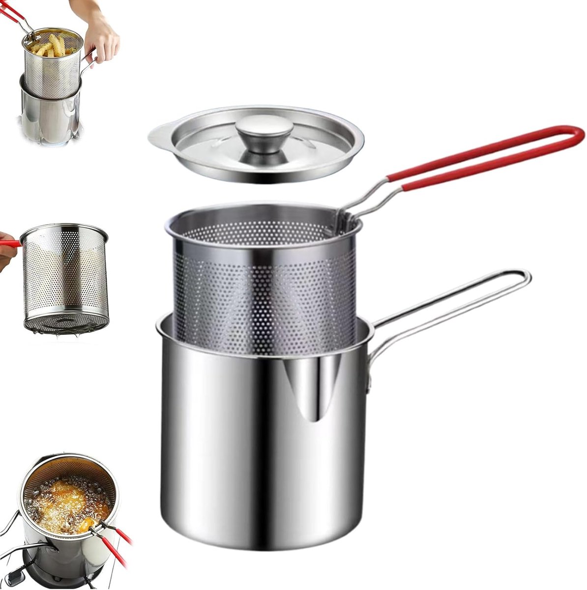 Frituurpan - kleine frituurpan - Friteuse - RVS Diepe Frituurpan met Mand - Mini Oliezeef en Frituur Accessoire - Met deksel - 1 Stuk