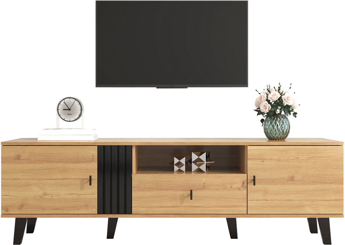tv meubel met houten lattenstructuur - Opbergmeubel voor woonkamer - 170 cm breed - Zwart en hout - 2 deuren en lade - Modern design - Geschikt voor 65 inch tv