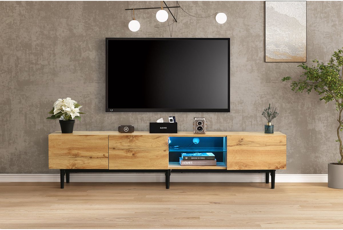 tv meubel - voor woonkamer - 175x31x41 cm - houtnerf/zwart - 7-kleuren LED-verlichting via app - 3 gesloten kasten - stalen poten
