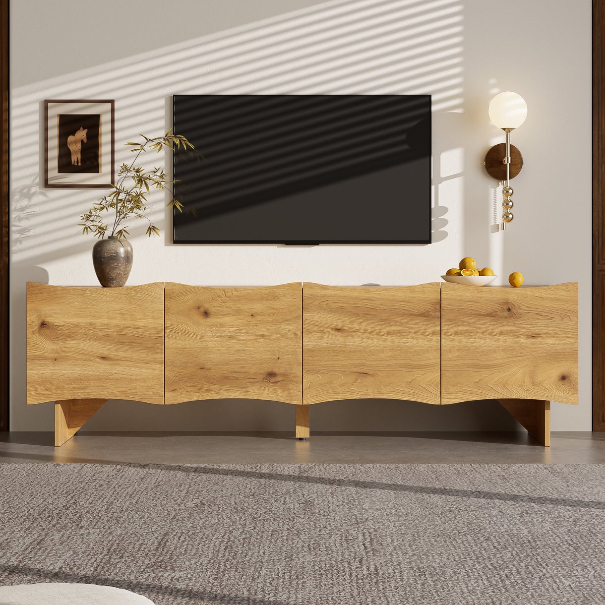 tv meubel met golvende deuren en kabeldoorvoer - Voor woonkamer en mediakamer - 155 cm breed - Houtlook - 4 deuren met geïntegreerd kabelmanagement - Stabiel tot 50 kg