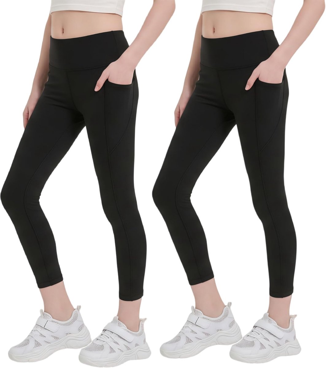 Leggings voor meisjes, zwart, 9/10 met zakken, sportlegging voor kinderen, lange sportbroek voor dagelijks gebruik en schoolsport, verpakking van 1, 2 of 3 stuks