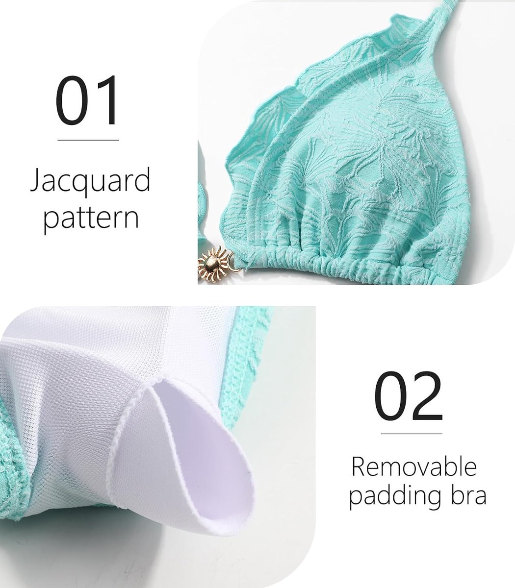 Bikiniset voor dames, nekhouder, triangel-bikinitop, bikinibroekje met trekkoord, lage taille, badpak met jacquardprint, gouden sluiting, tweedelig badpak