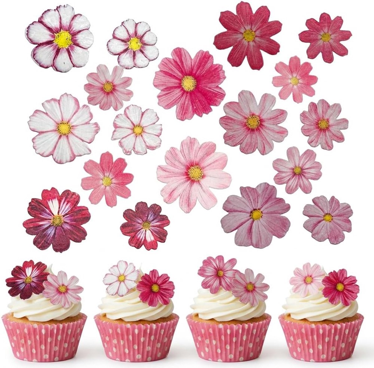 Eetbare taartdecoratie - Eetbare bloemen voor taart - Roze en wit - Eetbaar papier - Taartdecoratie - Voor bruiloft, verjaardag, babyshower