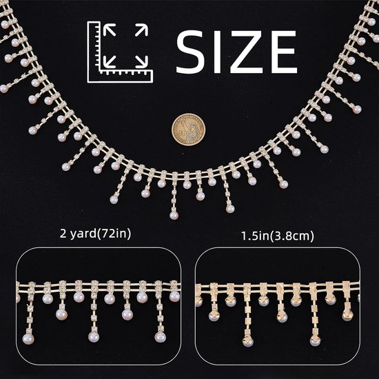 2 Yards Parel Kwastje Strass Trim Ketting, Strass ingelegde Parel Kralen Kettingen String Kwastjes Strip voor Bruiloft Feest Kleding DIY Decoratie — afbeelding 2