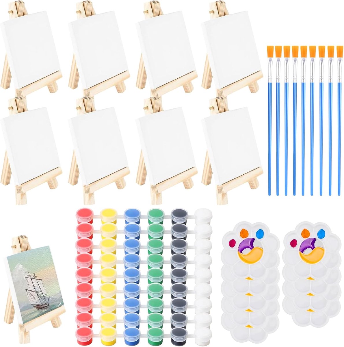 45-delige mini-schildersezel met canvas, schildersezelset, driehoekig, houten decoratie, doe-het-zelf mini-schilderaccessoires voor beginners en hobbyschilders