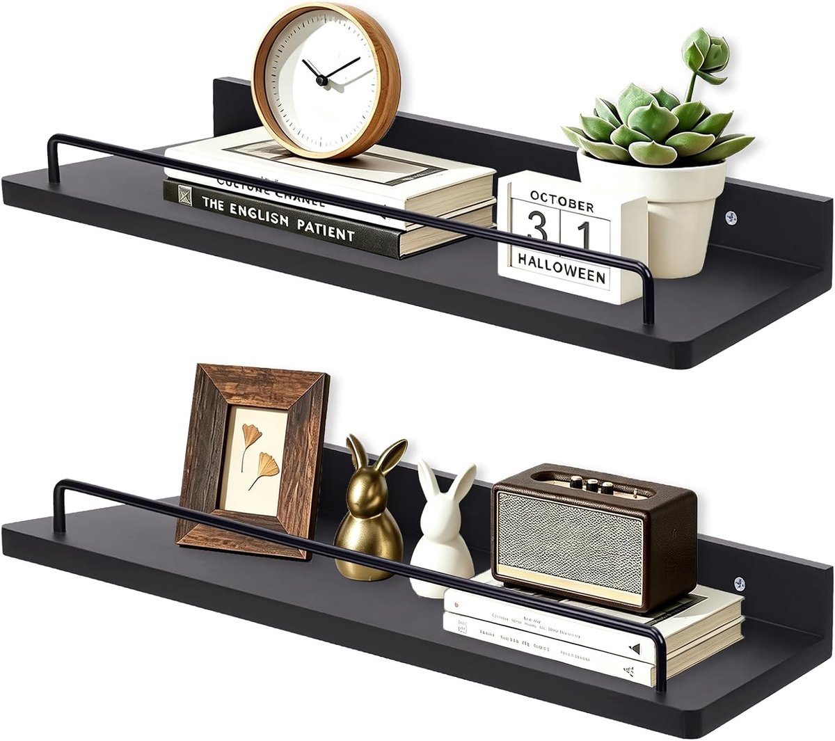 hout, zwevend rek, zwart, set van 2, 14 x 40 cm, boekenkast met lip, kleine wandplanken voor kinderkamer, slaapkamer, woonkamer, badkamer, keuken en meer (zwart)