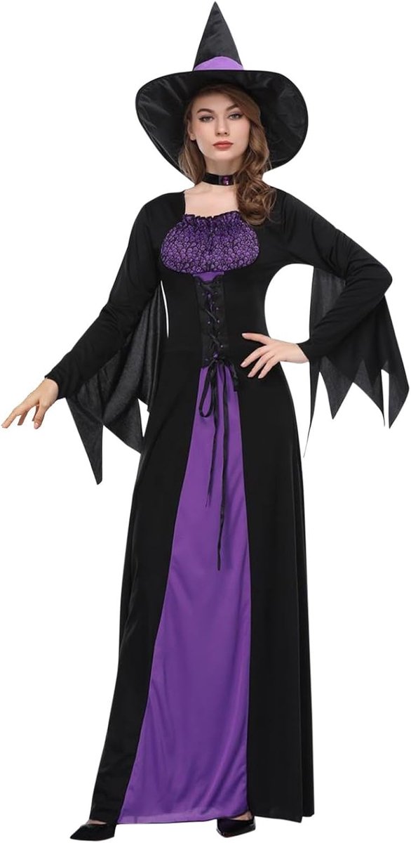 Paarse heksenkostuum voor dames, Halloween-betoverende jurk voor maskerade en shows